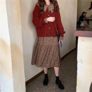 Long-sleeve Floral Midi Dress / Knit Cardigan