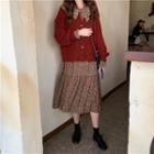 Long-sleeve Floral Midi Dress / Knit Cardigan