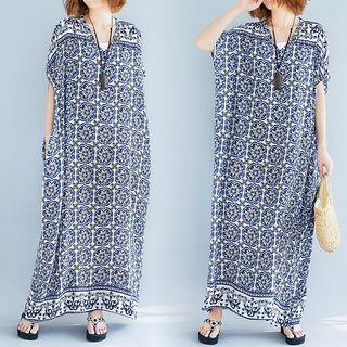 Printed Short-sleeve Maxi Dress As Shown In Figure - One Size