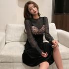 Set: Glitter Long-sleeve Mesh Top + Leopard Print Panel Spaghetti Strap A-line Dress