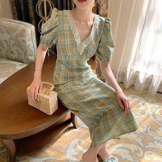 Puff-sleeve Plaid Lace Trim Midi Sheath Dress