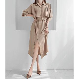 Pleated Flap Shirtdress With Belt