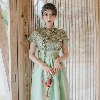 Short-sleeve Hanbok Top (floral / Mint Green)