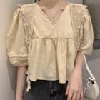 Elbow-sleeve Knit Lace Panel V-neck Top