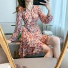 Floral Ruffle Trim V-neck Mini A-line Dress