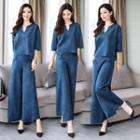 Set: V-neck 3/4-sleeve Top + Wide-leg Pants