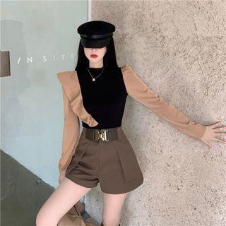 Long-sleeve Frill Trim Top / Metal-accent Wide Leg Shorts