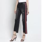 Contrast Trim Distressed Straight Leg Jeans