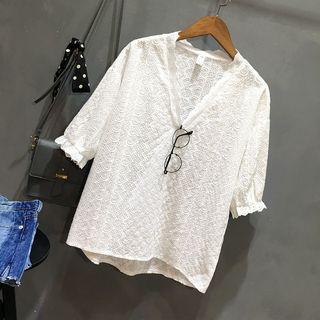 Eyelet Lace V-neck Elbow-sleeve Blouse