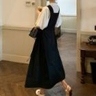 Set: Puff-sleeve Shirt + Midi A-line Overall Dress