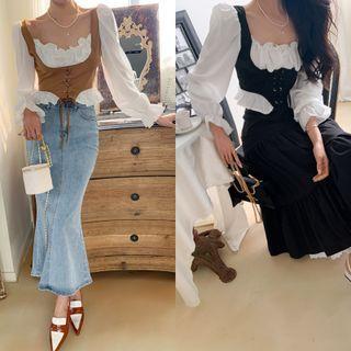 Contrast-panel Shirred Lace-up Blouse