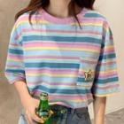 Short-sleeve Striped Cartoon Embroidered T-shirt