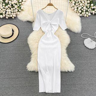 Short Sleeve V-neck Knot Sheath Knit Dress