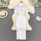 Short Sleeve V-neck Knot Sheath Knit Dress