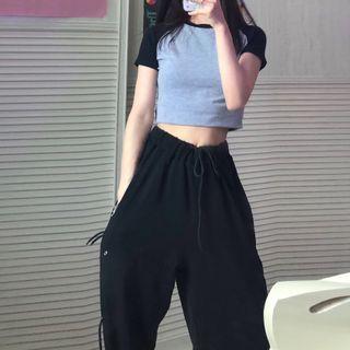Short-sleeve Cropped Raglan T-shirt / Drawstring Harem Pants