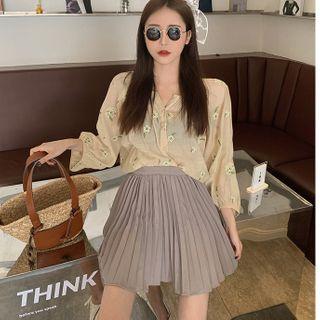 Embroidered Long-sleeve Top / Pleated Skirt