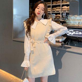 Bell-sleeve Shirt/ Ruffle-trim Knit Pinafore Dress