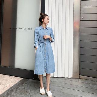 Long-sleeve Buttoned Tie-waist A-line Denim Dress