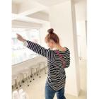 Square-neck Contrast-cuff Stripe Top