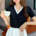 Short-sleeve Lace Trim Shirred T-shirt Black - One Size