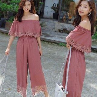 Off-shoulder Lace Trim Jumpsuit