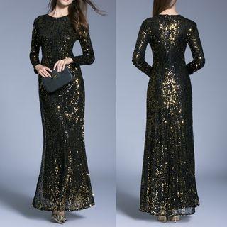 Long Sleeve Sequined Evening Gown