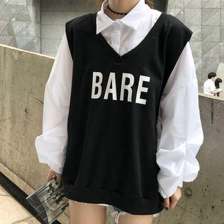 Set: Balloon-sleeve Shirt + Lettering V-neck Vest