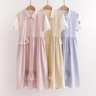 Short-sleeve Plaid Frill Trim A-line Shirtdress