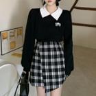 Collared Sweatshirt / Plaid Irregular Mini Skirt