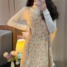 Mock-neck Long-sleeve T-shirt / Spaghetti Strap Floral Print Midi Dress