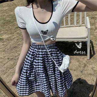 Short-sleeve Butterfly Embroidered Ringer T-shirt / Gingham A-line Skirt