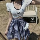 Short-sleeve Butterfly Embroidered Ringer T-shirt / Gingham A-line Skirt