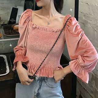 Puff-sleeve Ruffled Velvet Blouse