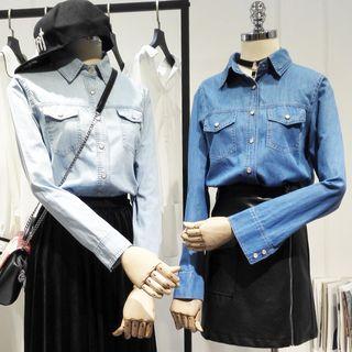 Long-sleeve Polo Collar Denim Blouse