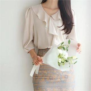 Tall Size 3/4-sleeve Ruffle-trim Blouse