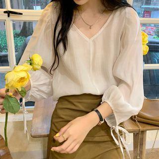 Lantern-sleeve V-neck Plain Blouse Almond - One Size