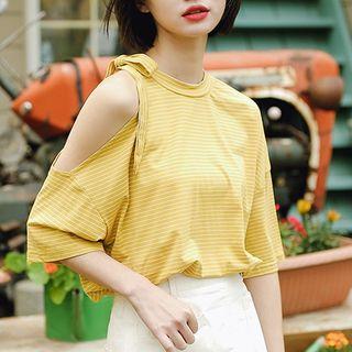 Elbow-sleeve Cold Shoulder Striped T-shirt