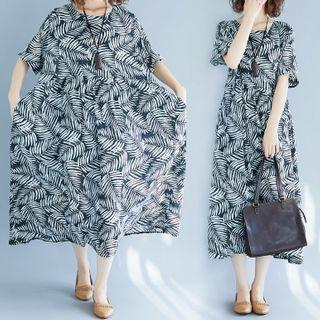 Leaf Print Short-sleeve Midi Shift Dress As Shown In Figure - One Size