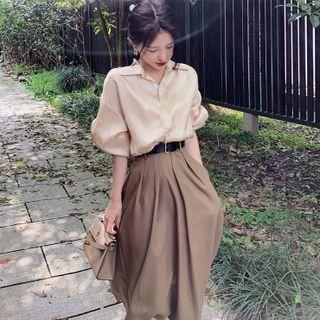 Set: Long Sleeve Plain Shirt + Pleated Midi Skirt