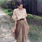 Set: Long Sleeve Plain Shirt + Pleated Midi Skirt
