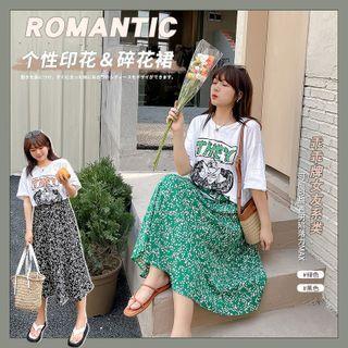 Set: Elbow-sleeve Print T-shirt + Floral Print Midi A-line Skirt