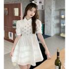 Puff-sleeve Collar Flower Accent A-line Dress