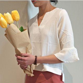 Plain Elbow Sleeve Split Neck Blouse