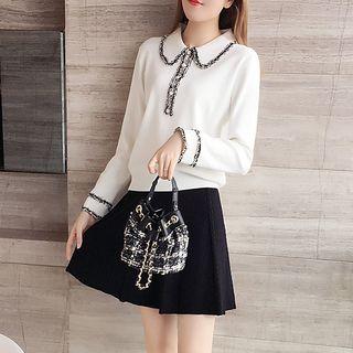 Set: Long-sleeve Collared Knit Top + Mini A-line Skirt