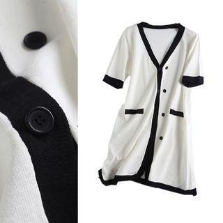 Contrast-trim Short-sleeve Knit Mini Dress