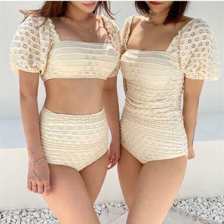 Puff-sleeve Floral Cutout Bikini / Swimsuit