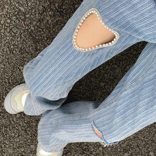 Faux Pearl Heart Keyhole Wide Leg Jeans