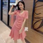 Short-sleeve Asymmetric Buttoned Gingham A-line Dress