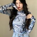 Printed Mock Neck Long Sleeve Top Blue - One Size