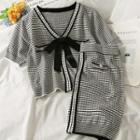 Set: Ribbon-accent Checker Crop Knit Top + Mini Skirt Black - One Size